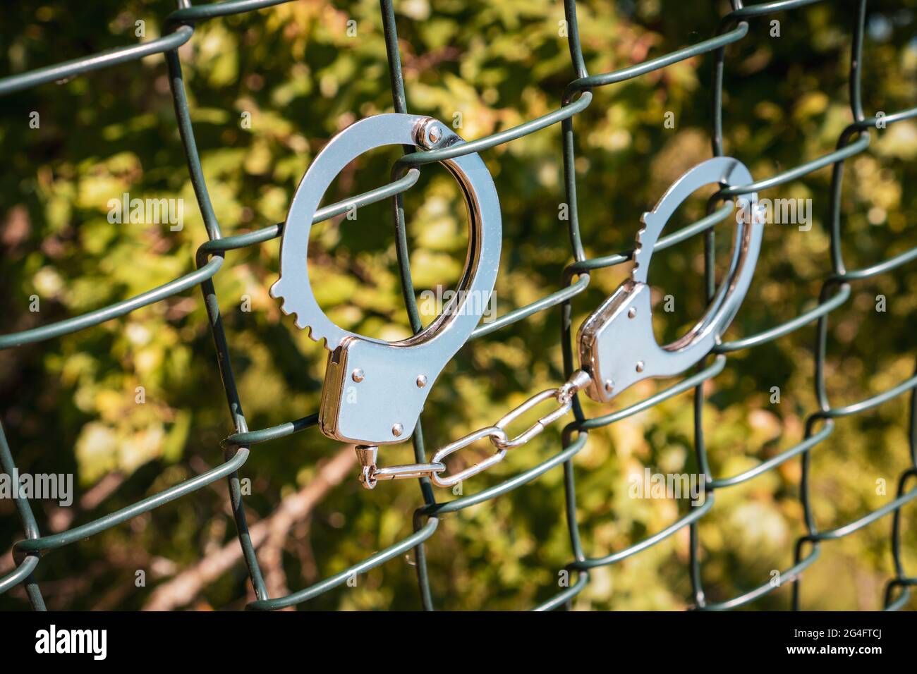 Handcuffs hanging on the fence with nature background. Selective focus. Stock Photo
