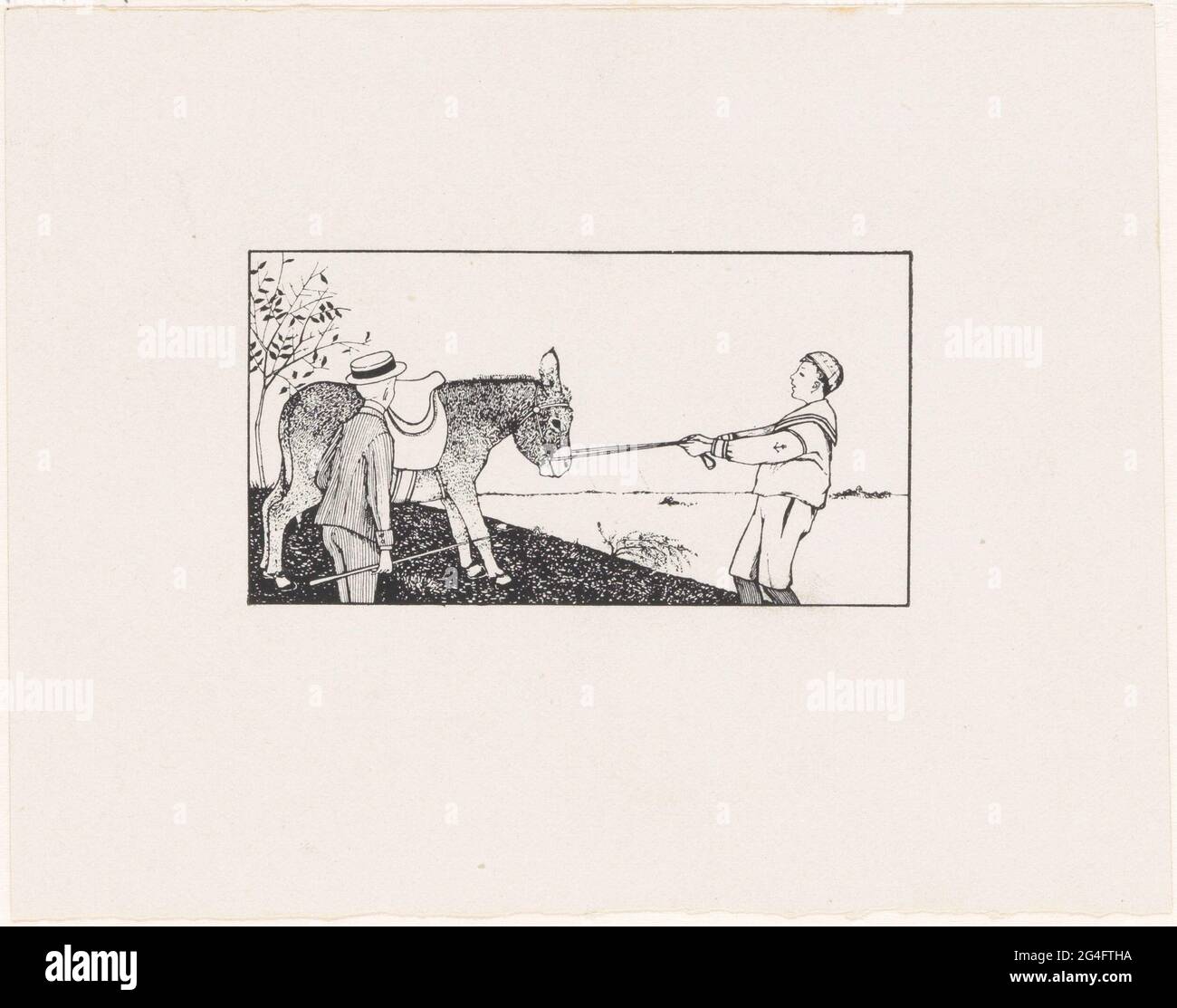Two boys and a donkey. One of the boys pulls the rig of the donkey. The ...