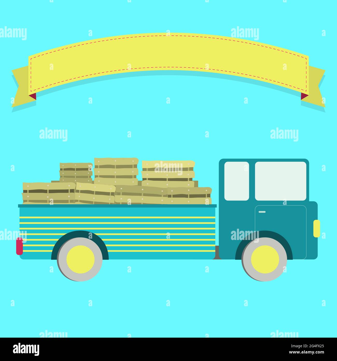 Truck carrying crates. Blank ribbon for insert text. Stock Vector