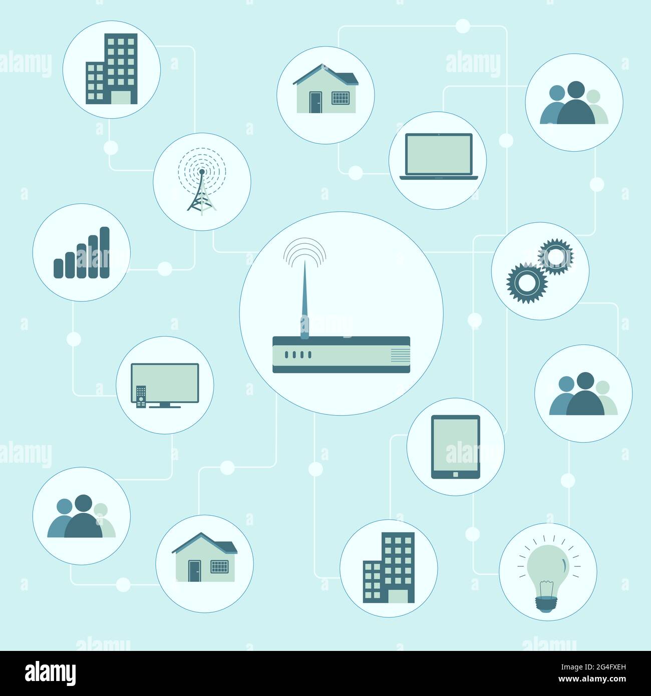 Connected router, schematically, the various objects (house, electronic