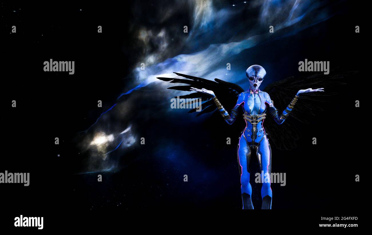 3d illustration of a winged extraterrestrial in space giving a whatever gesture with arms raised and flat hands with a nebula and stars in the backgro Stock Photo