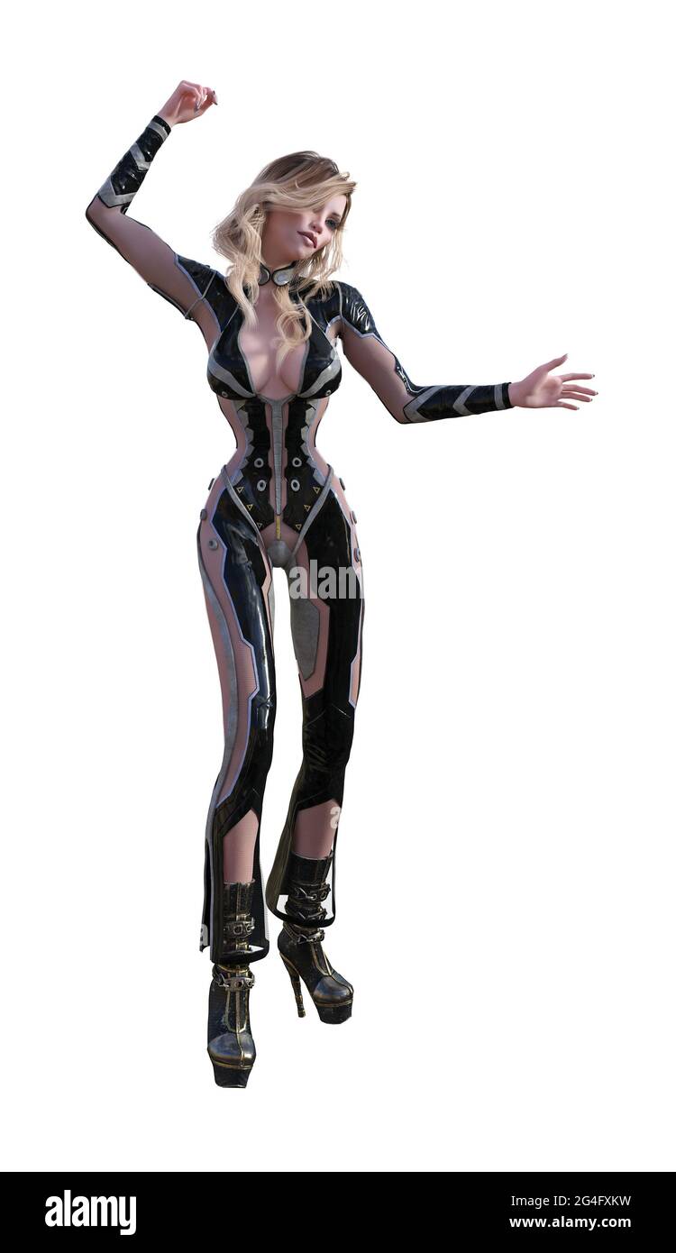 3d illustration of a woman with honey blonde hair in a form fitting body suit dancing on a white background. Stock Photo