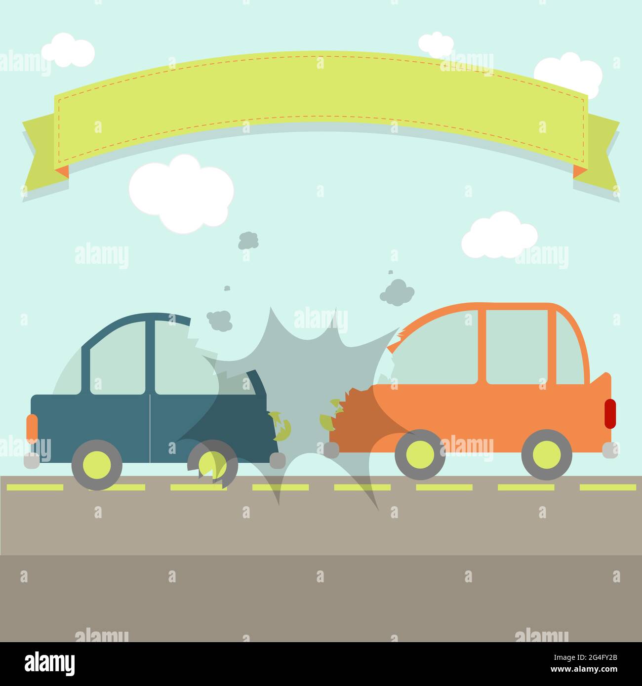 Two cars hit head-on. Flat design. Ribbon for insert text. Stock Vector