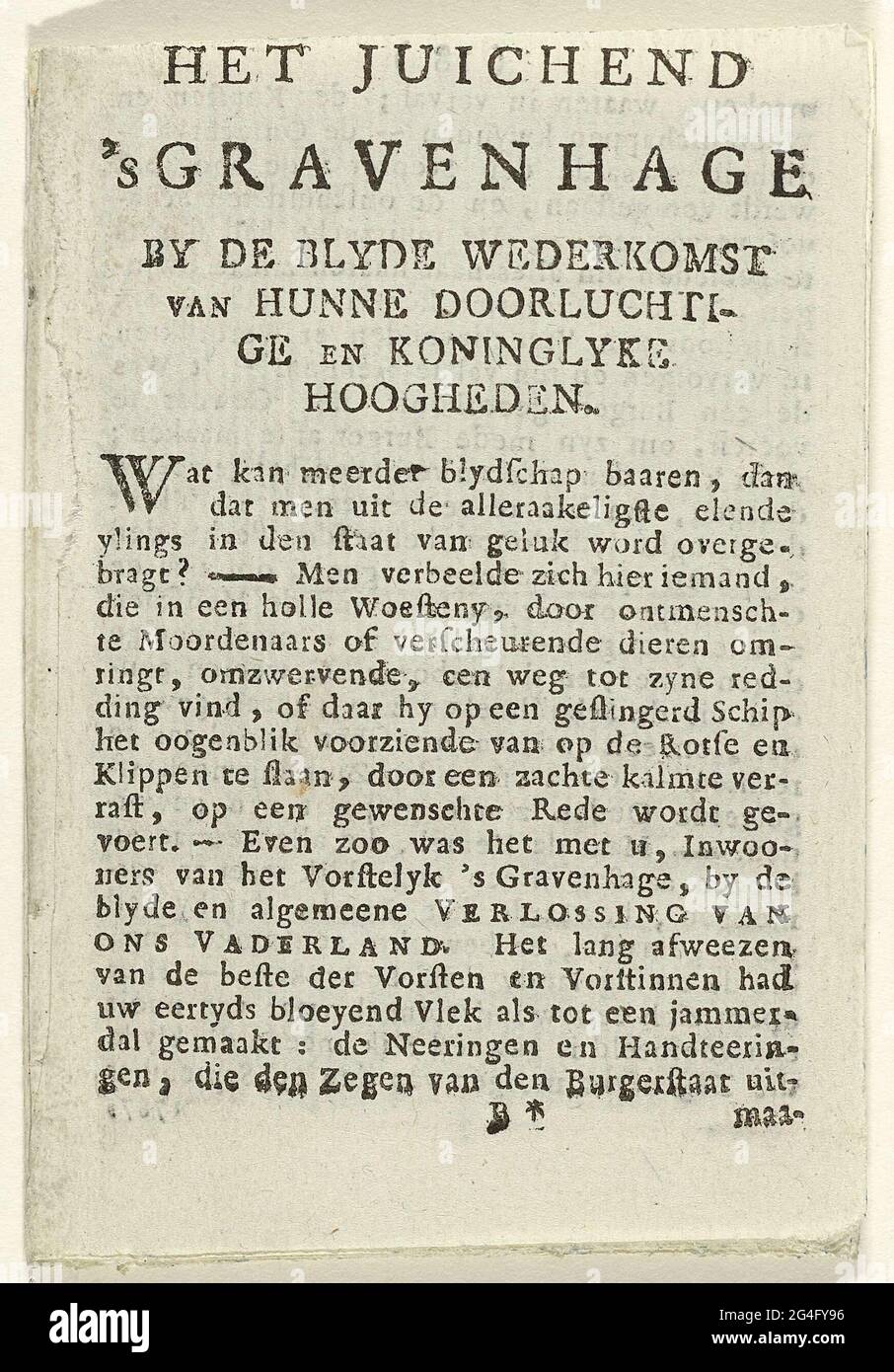 . Description of the Prince and Princess of Orange's Ray by the Burgerij van The Hague, September 1787. Incomplete fragment of an almanac for 1788, the pages numbered 18-24, 33-40, 45-48. Stock Photo