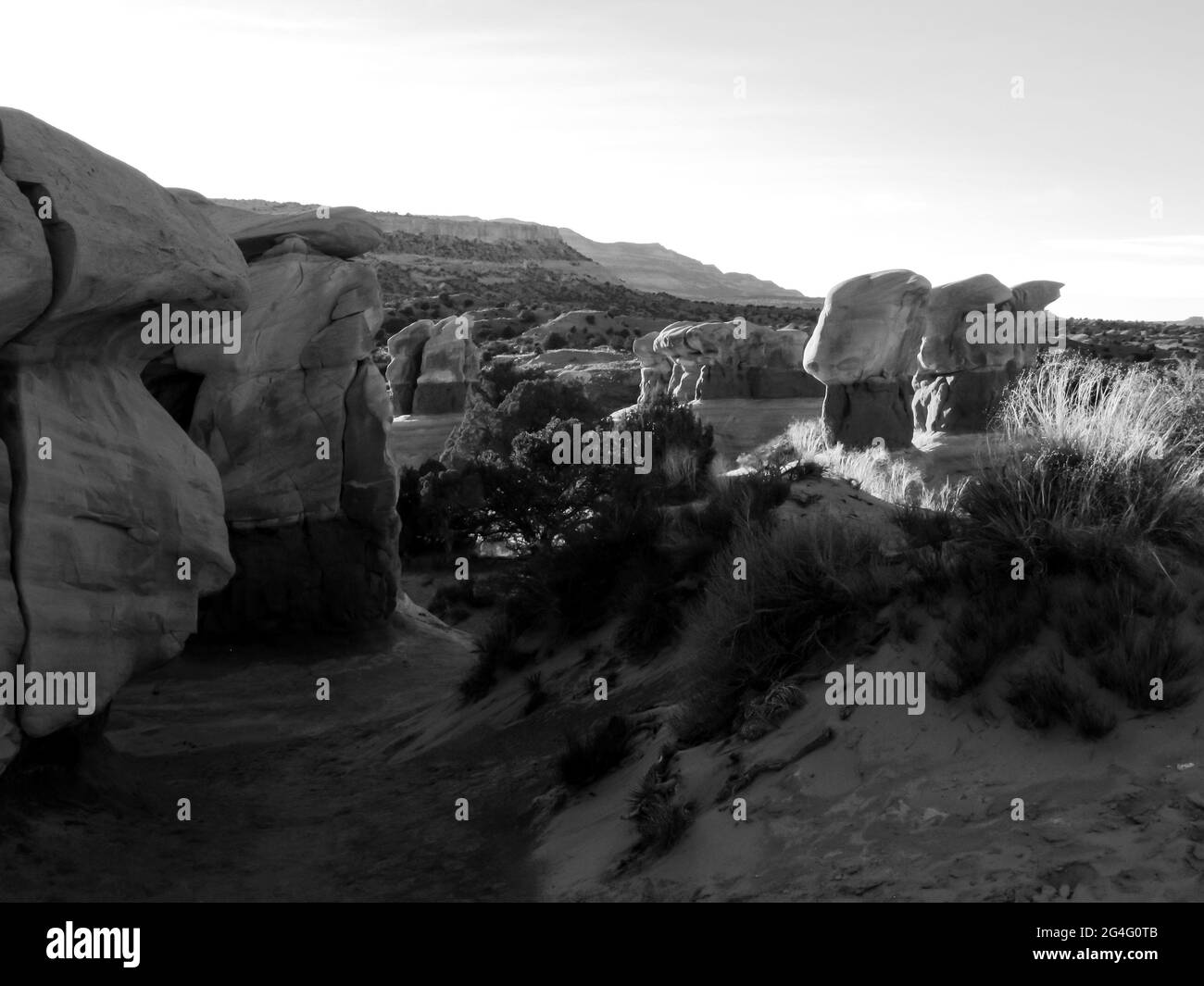 Devil’s garden, an area filled with sandstone hoodoos, in Escalante, Utah, USA, in Black and White in the last sun of the afternoon Stock Photo