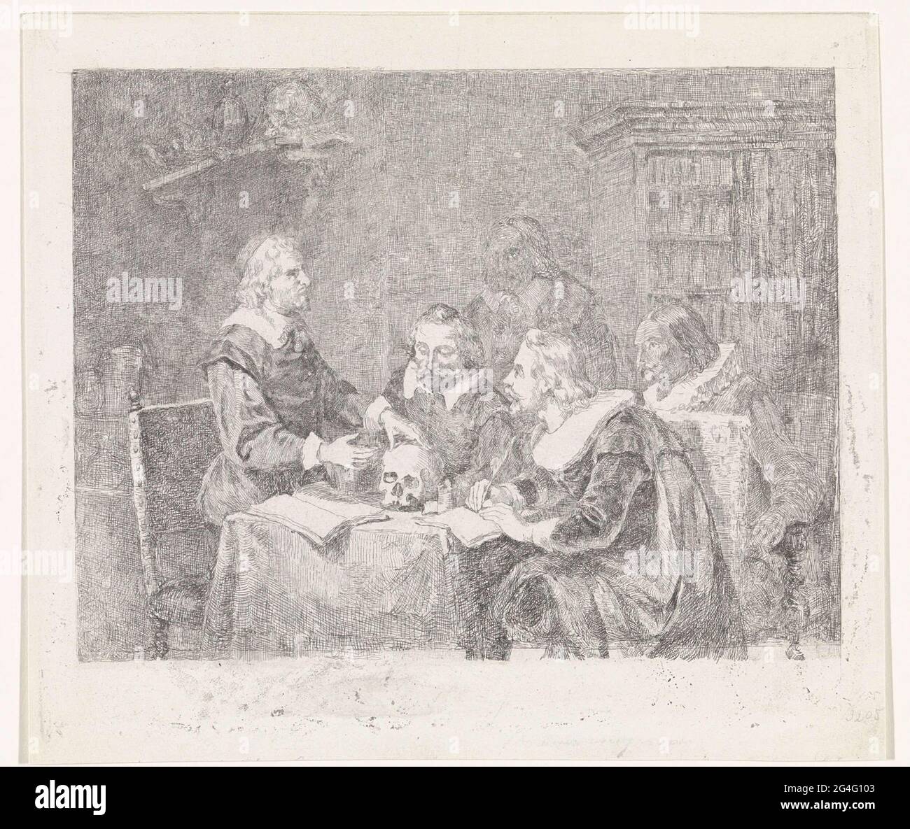 . In a study room gives a scholar anatomical lesson to his students ...