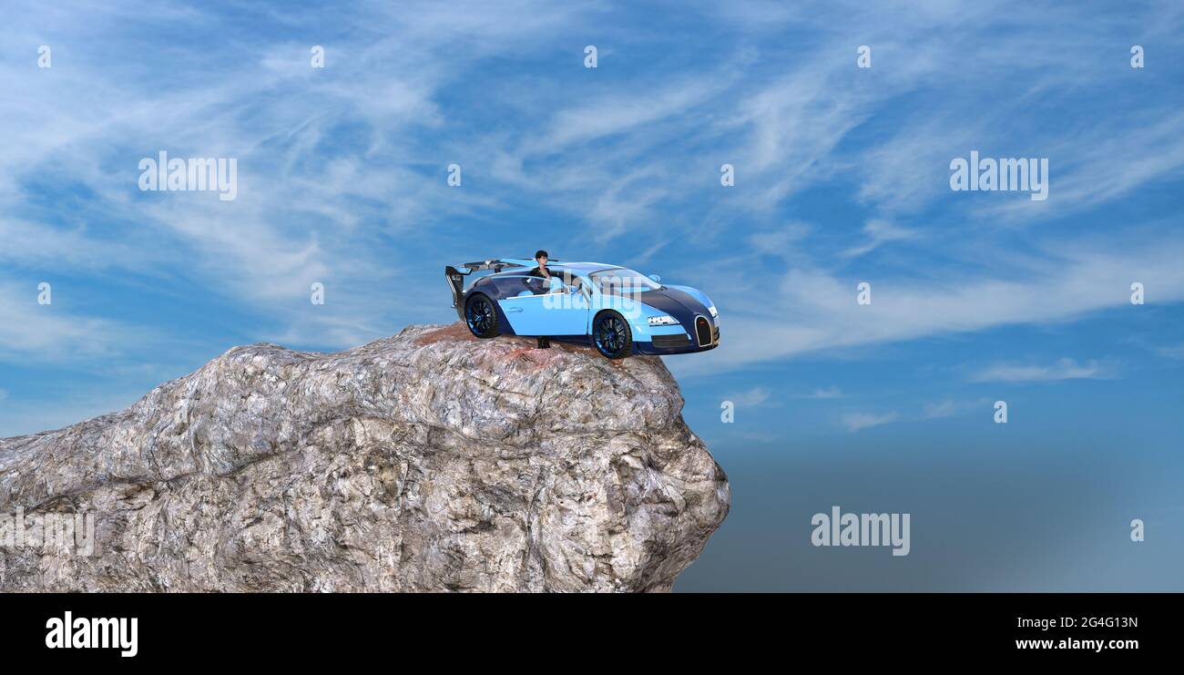 3d illustration of a woman in a tight black body suit standing next to a supercar with the door open stuck on a massive boulder with blue sky in the b Stock Photo