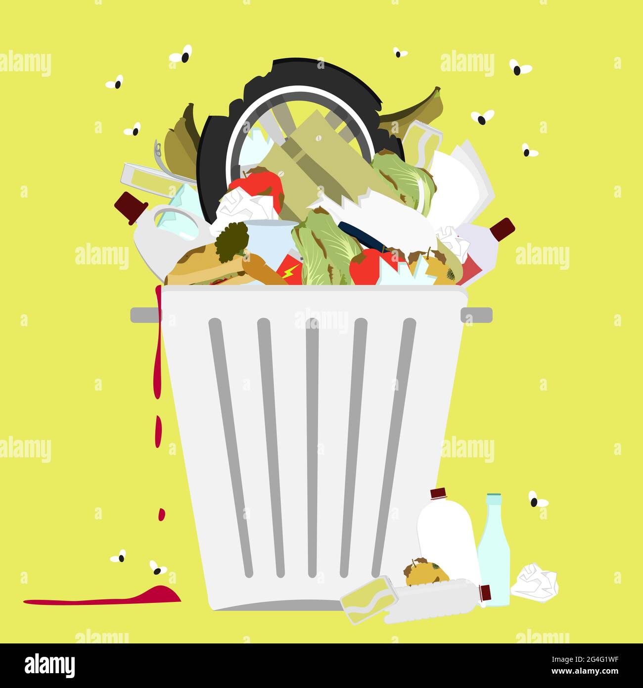 Large trash bin overflowing garbage (rotten fruit, old tires, packing of plastic, metal and glass). Trash fallen to the ground. Flies flying. Stock Vector