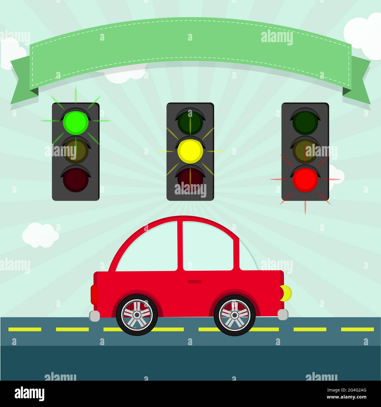 Traffic lights illuminated (green, yellow and red). Car down the 