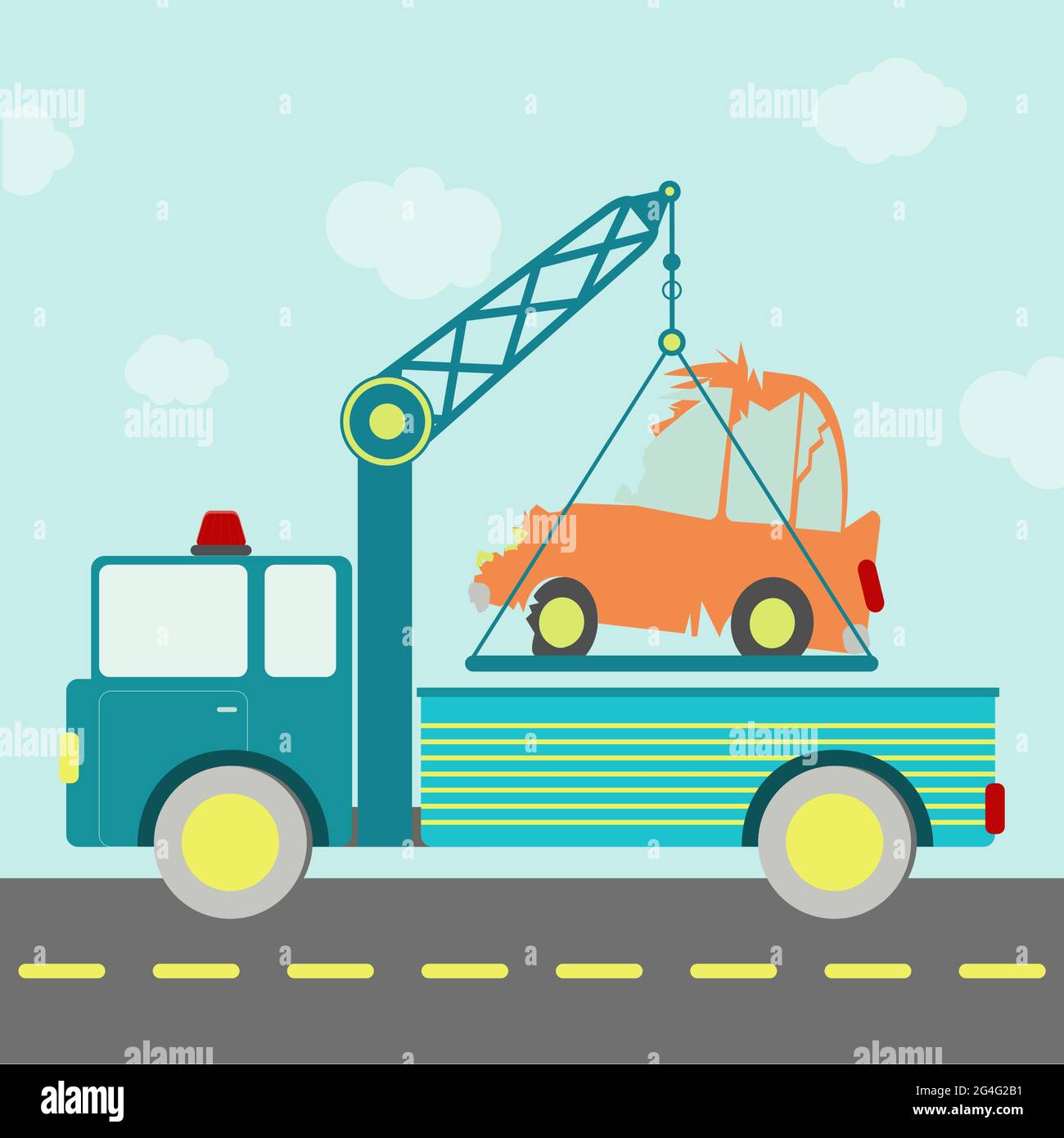 Tow truck carrying a crashed car on the road. Blue sky in the background. Stock Vector