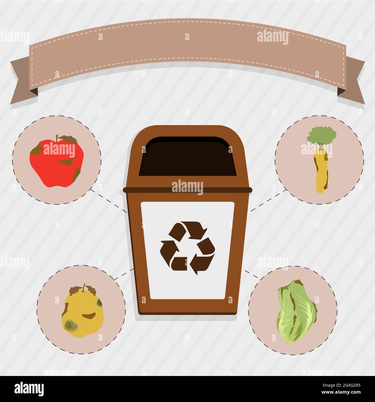 Brown trash for the selective collection of remains of organic food. Rotten apple, carrot, orange and cabbage. Stock Vector