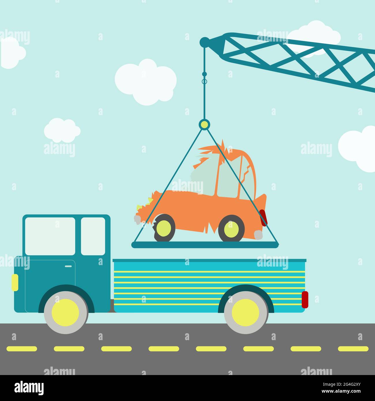 Crane carrying a crashed car being put on a truck on the road. Blue sky in the background. Stock Vector