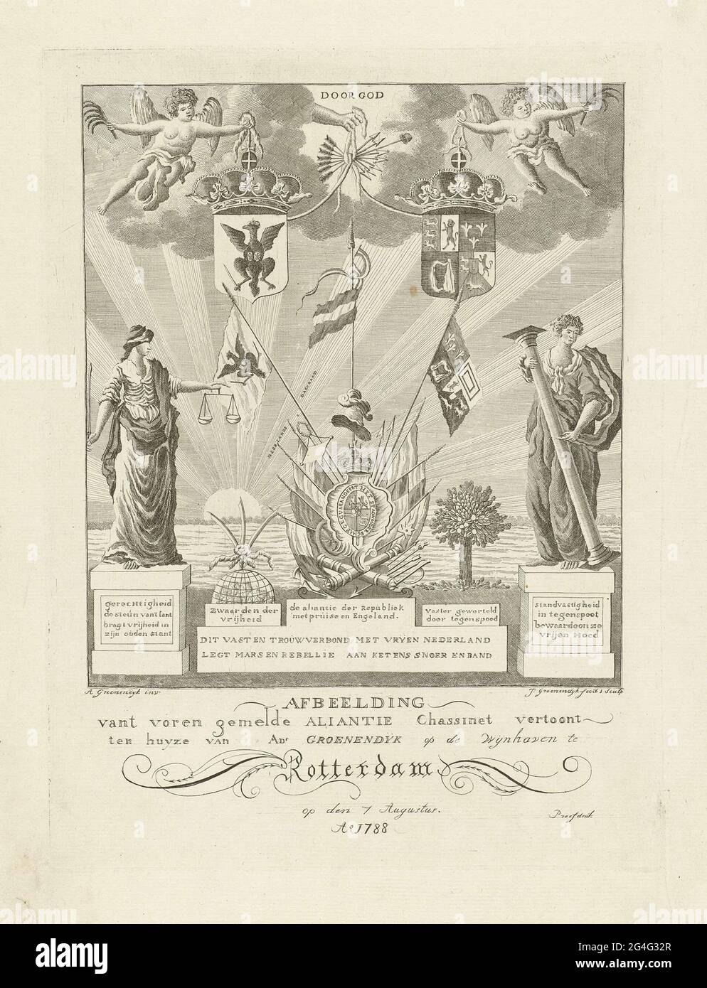 . Allegory on the triple alliance from 1788 in rebus form. In the middle the coat of arms of the Republic of the Seven United Provisions. Above the coat of arms of Prussia (left) and the United Kingdom (right), crazed by angels and by the hand of God. In addition to the coats of arms three swords that are bound together and the personification of justice. On the right a rooted tree and the personification of steadfastness. Stock Photo
