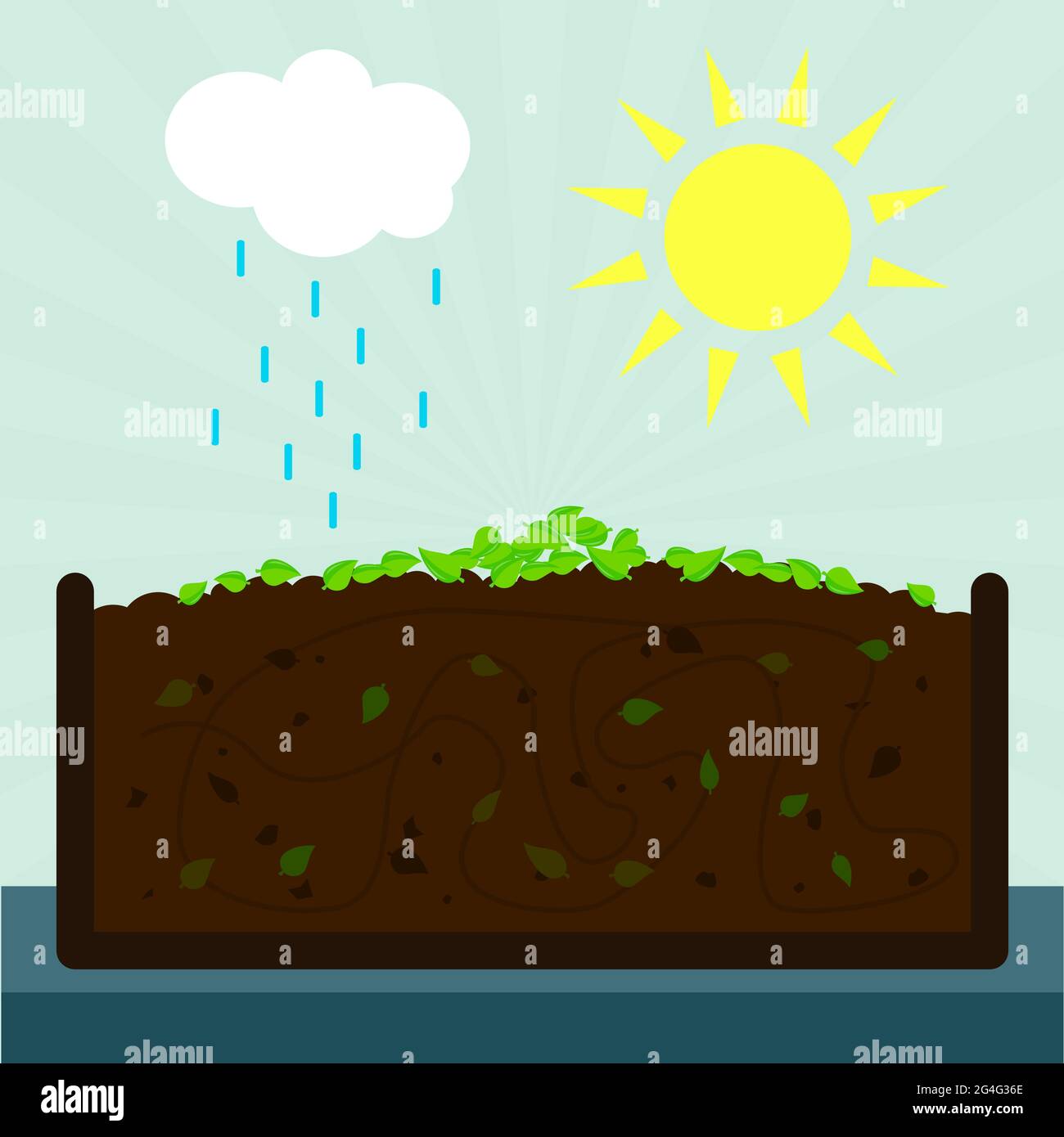 Composting process. Decomposed leaves on the ground. Irrigation and evaporation in the ecosystem. Stock Vector