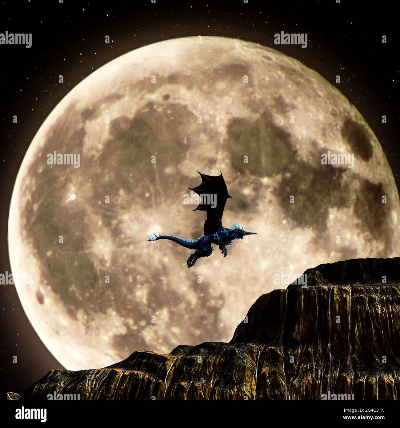 3d illustration of a blue dragon flying in front of a full moon with mountains in the foreground. Stock Photo