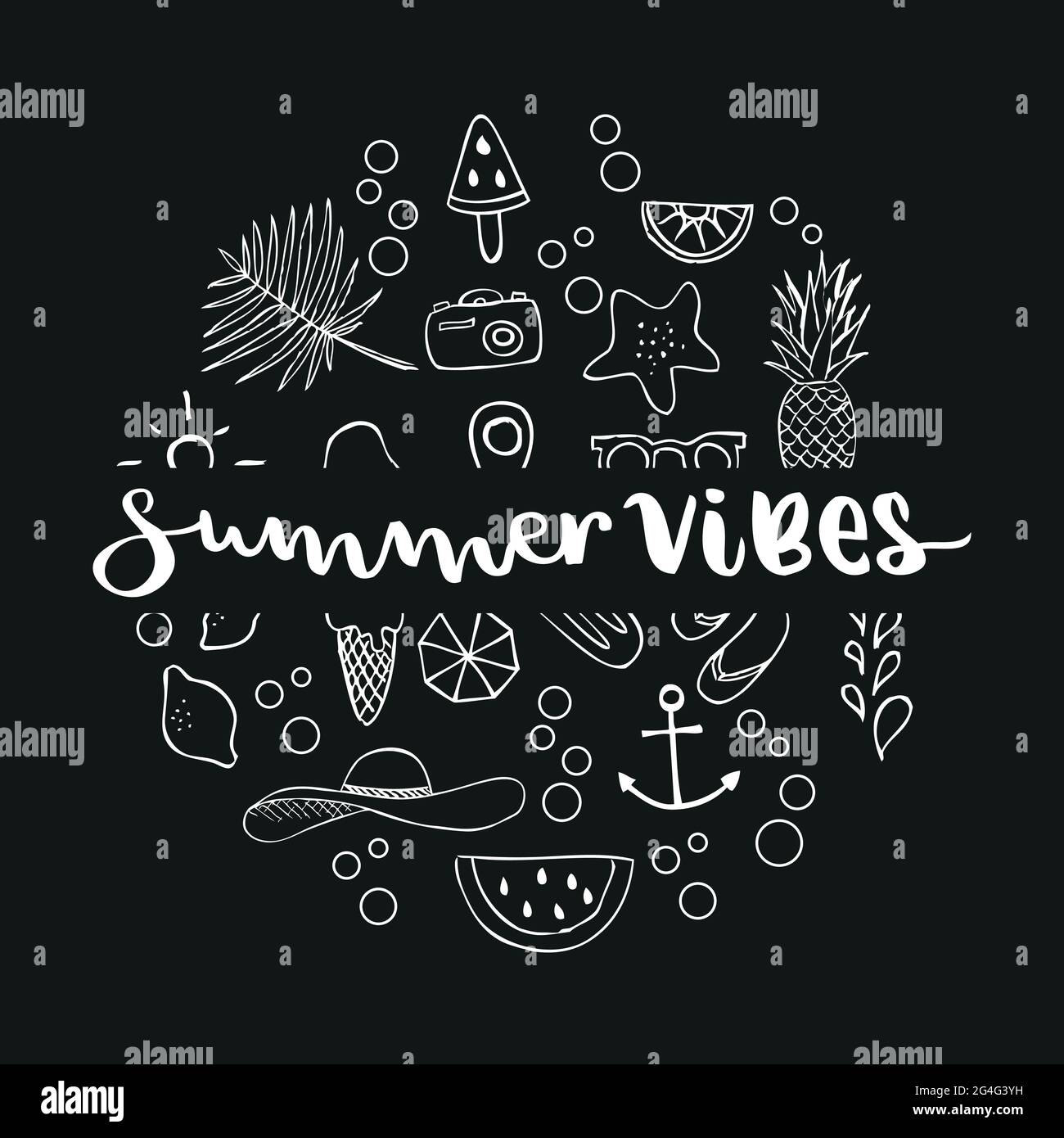 Summer vibes lettering. Set: hand drawn icons. Vector illustration Stock Vector