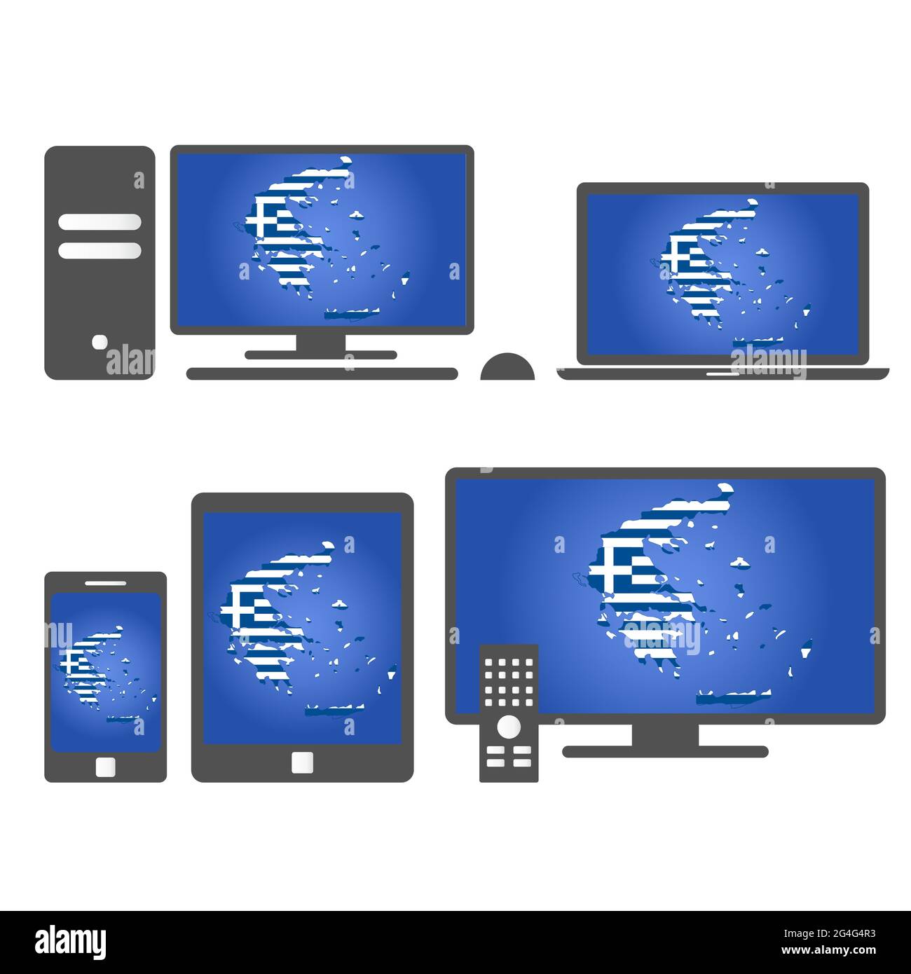 Many device media (tablet, pc, cellphone, laptop, smart tv) with the map and flag of Greece Stock Vector