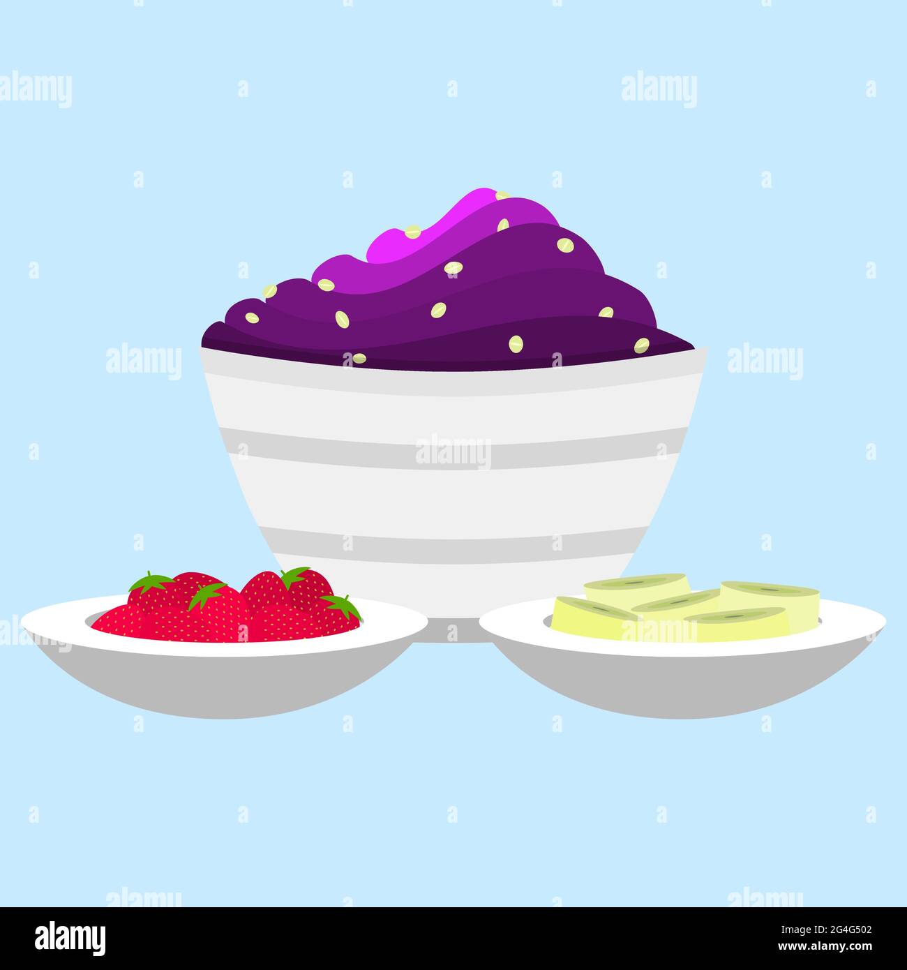 Bowl of acai cream with granola. Beside, bowls of strawberries and banana slices as a side dish. Stock Vector