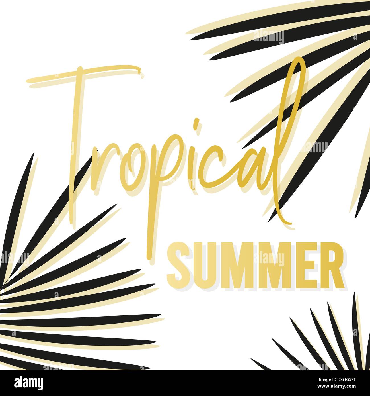Tropical summer golden text. Background with dark tropical palm leaves. Vector illustration, flat design Stock Vector