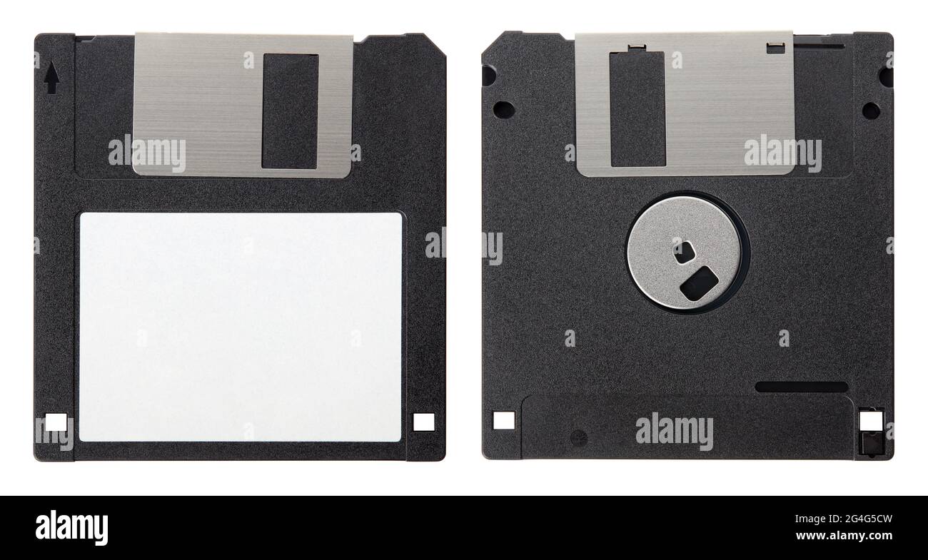 Black floppy disk, front and back with blank label isolated on white background, clipping path