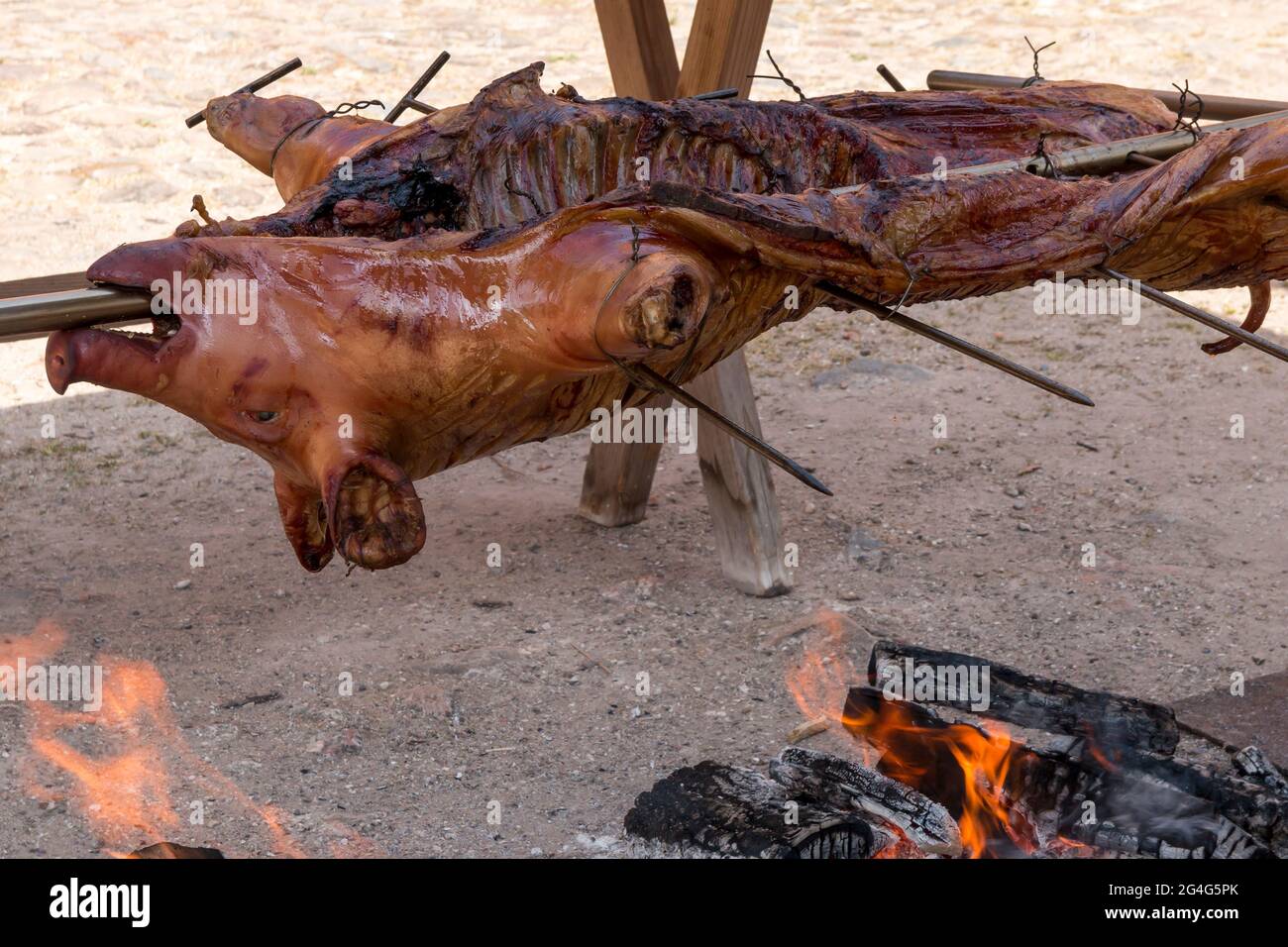 Auning, Denmark - 19 June 2021: Pig is being grilled and a bonfire on the market in the 18th century Stock Photo