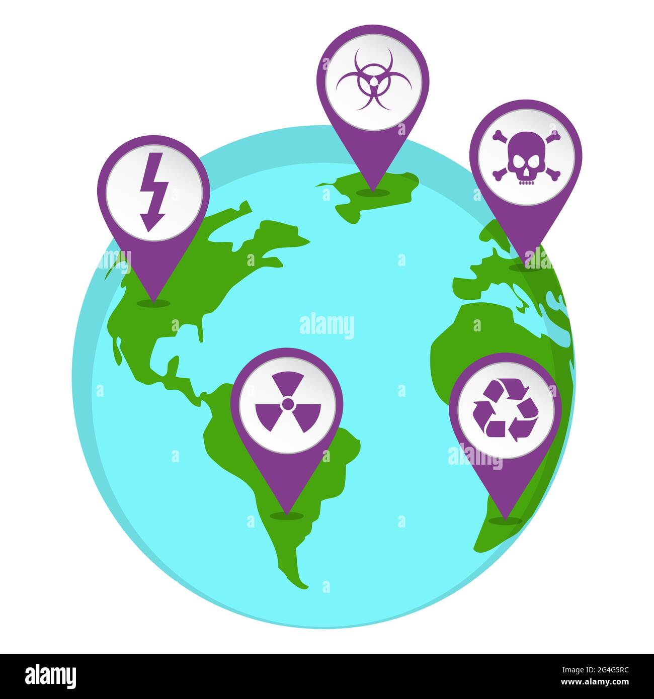 Map pin illustrated with a radioactive icons marking a point on the planet earth. Stock Vector