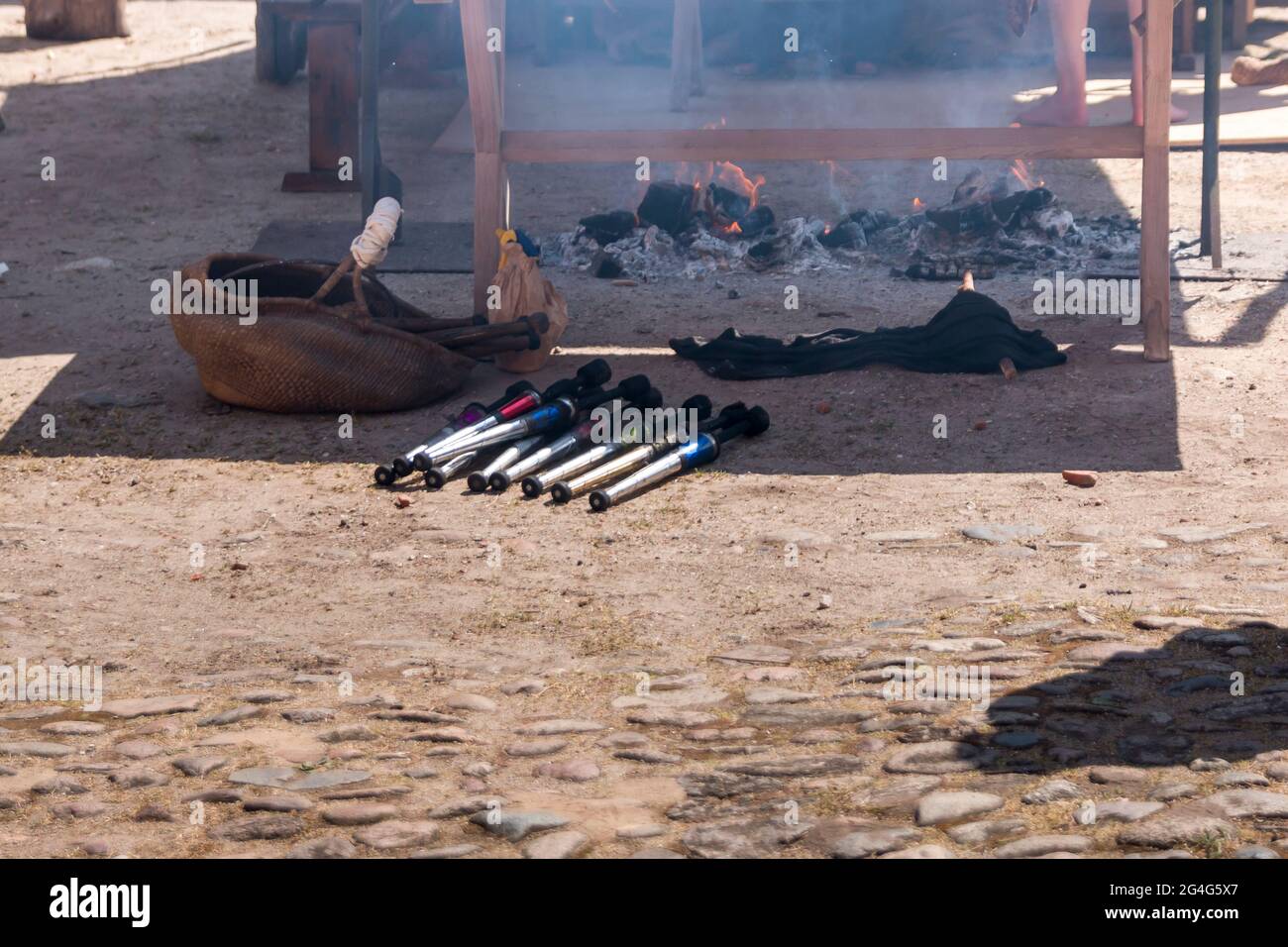 Auning, Denmark - 19 June 2021: Torches used by jugglers in the 18th century on the market Stock Photo