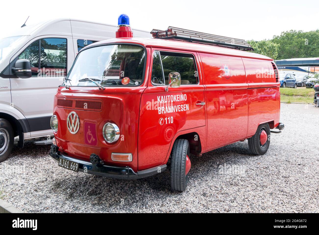 Auning, denmark - 19 June 2021: Old red vw bubble as fire truck, Stock Photo
