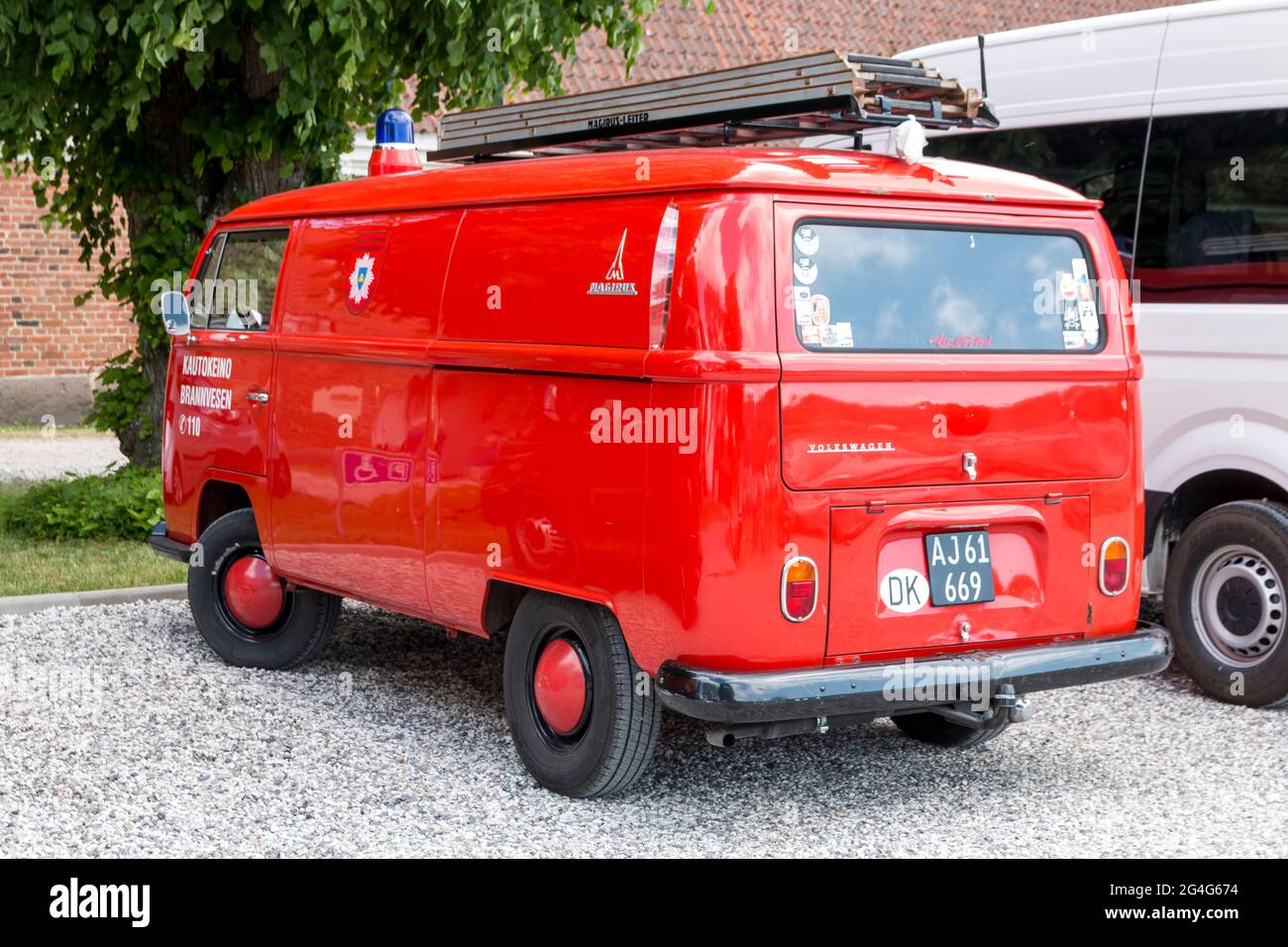 Auning, denmark - 19 June 2021: Old red vw bubble as fire truck, Stock Photo