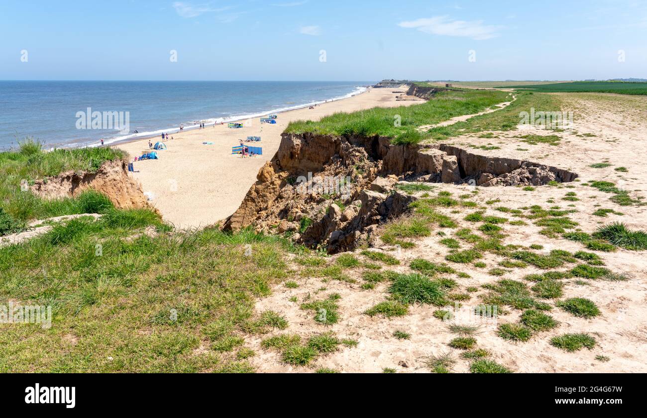 Rapid erosion of sea cliffs at Happisburgh on the Norfolk coast Stock Photo
