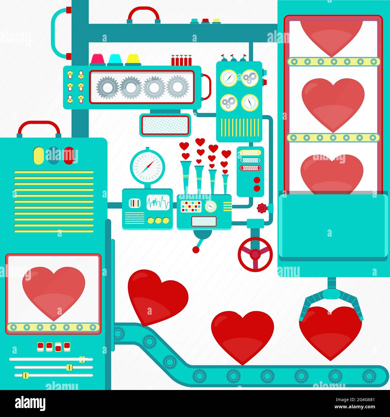Industry of love with machinery and gripper holding red hearts. Fantasy. Stock Vector
