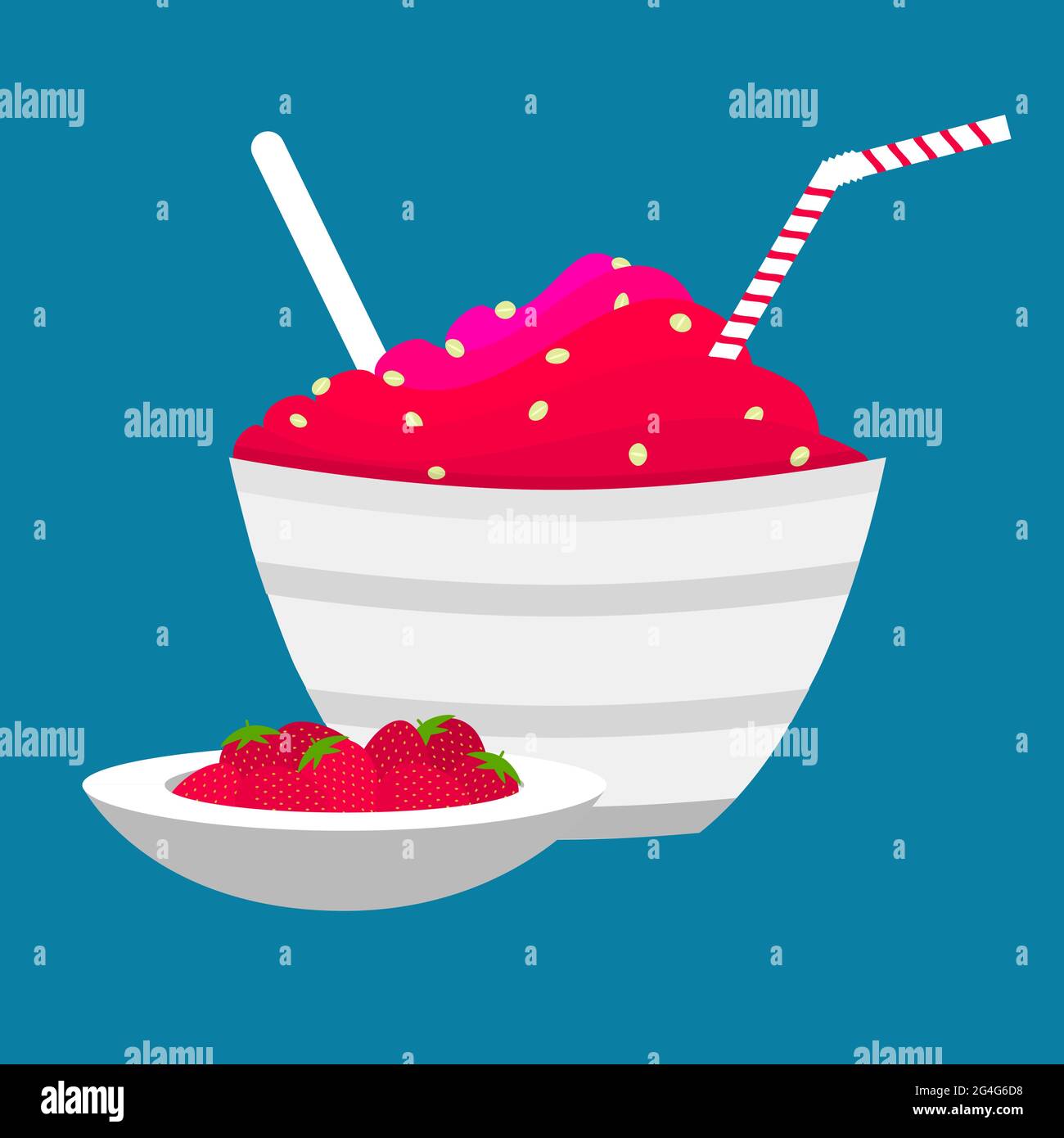 Bowl of strawberry cream with oat flakes. Beside, bowl of fresh strawberries as a side dish. Stock Vector