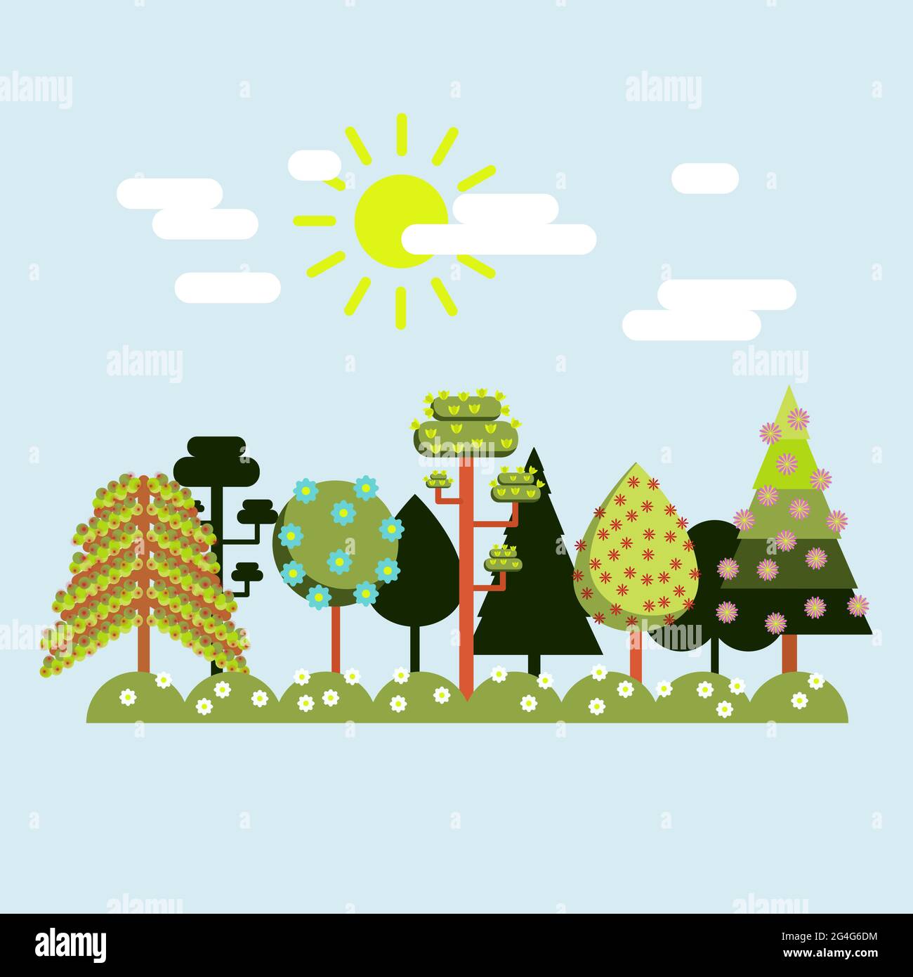 Spring landscape with trees and pines. Flowering trees. Flat design. Stock Vector