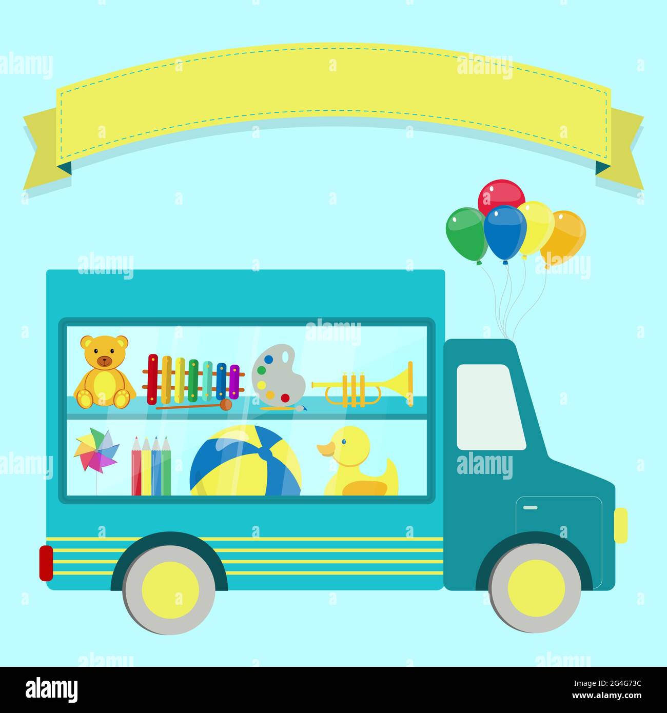 Vector illustration of truck with toys behind a window. Empty ribbon for insert text. Stock Vector