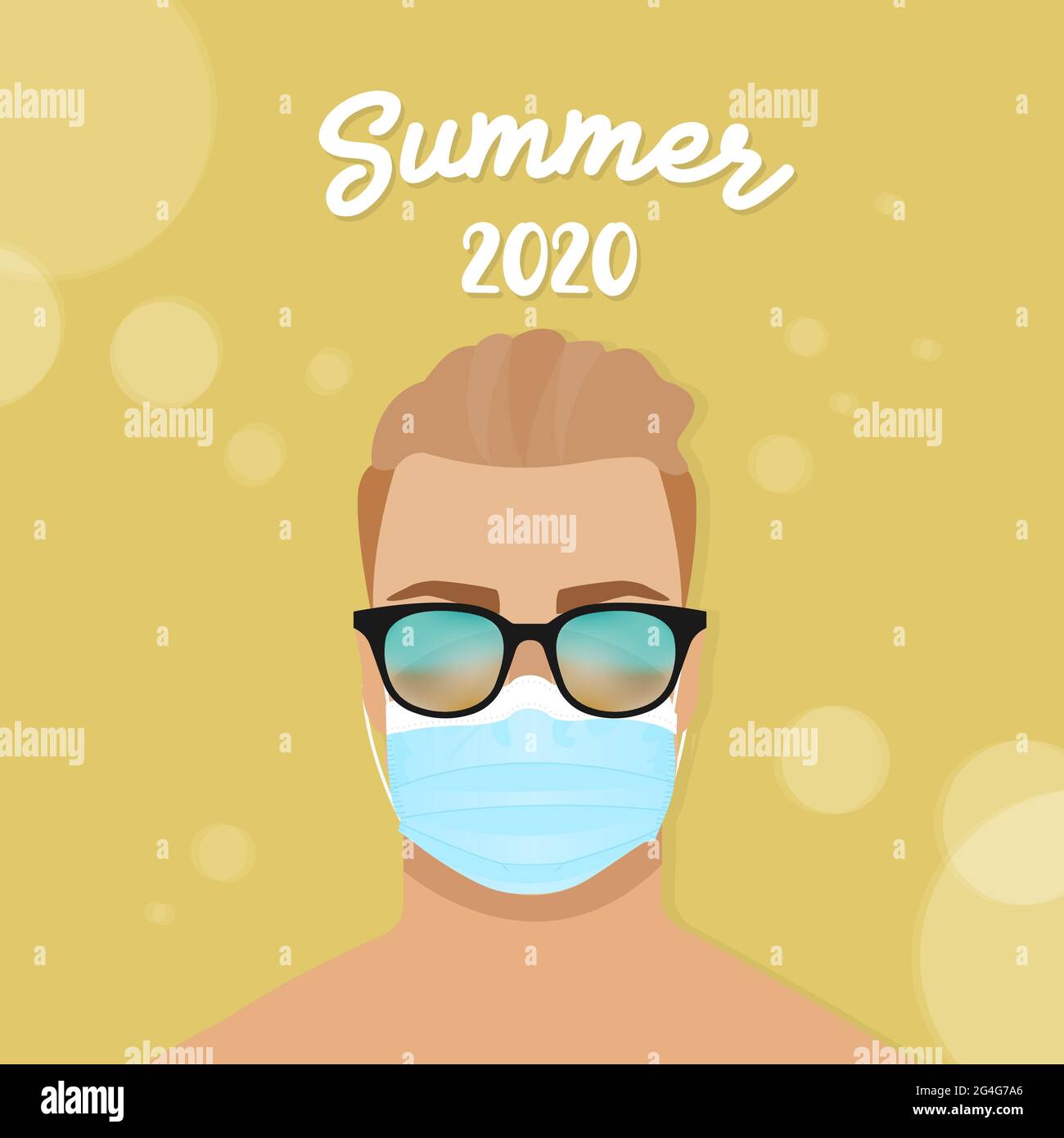 Young man wearing sunglasses and mask. Summer 2020. Protection against coronavirus. New normal lifestyle. Vector illustration, flat design Stock Vector