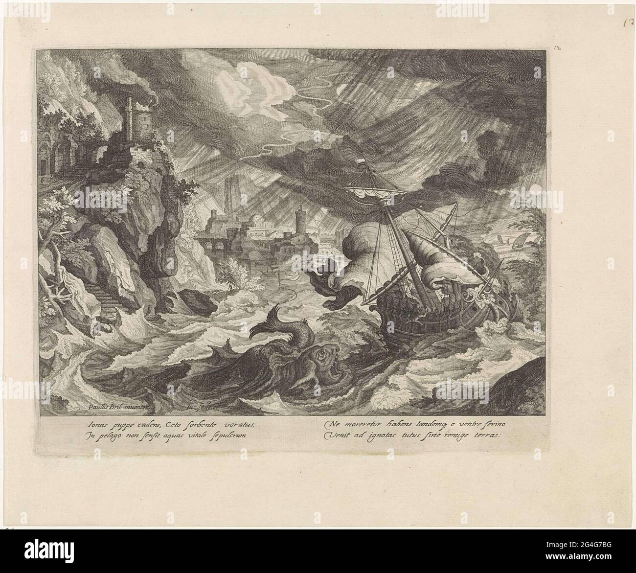 . A coastal landscape with a heavy storm. In the foreground a boat with Jonah thrown overboard by the fishermen. A sea sample swims next to the boat and is at the point to be sloping Jonah. The print has a Latin caption with Jonah's story. Stock Photo