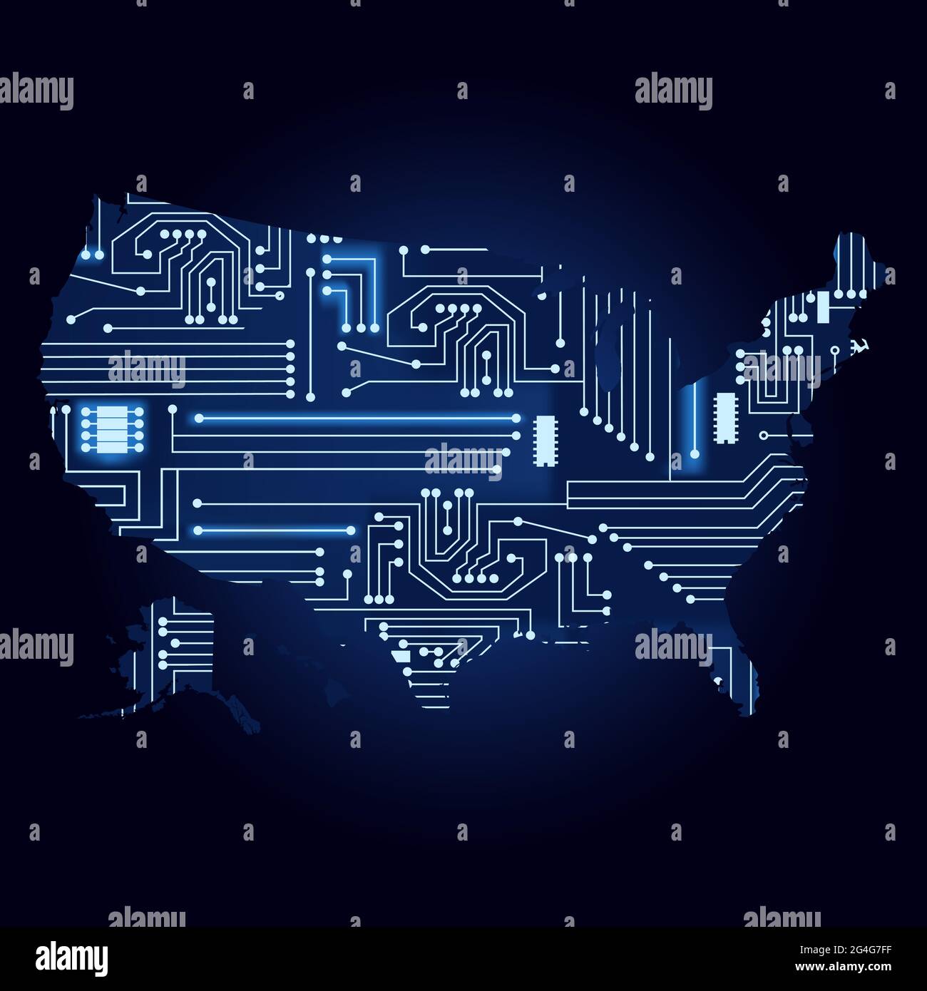 Contour map of United States with a technological electronics circuit. Stock Vector
