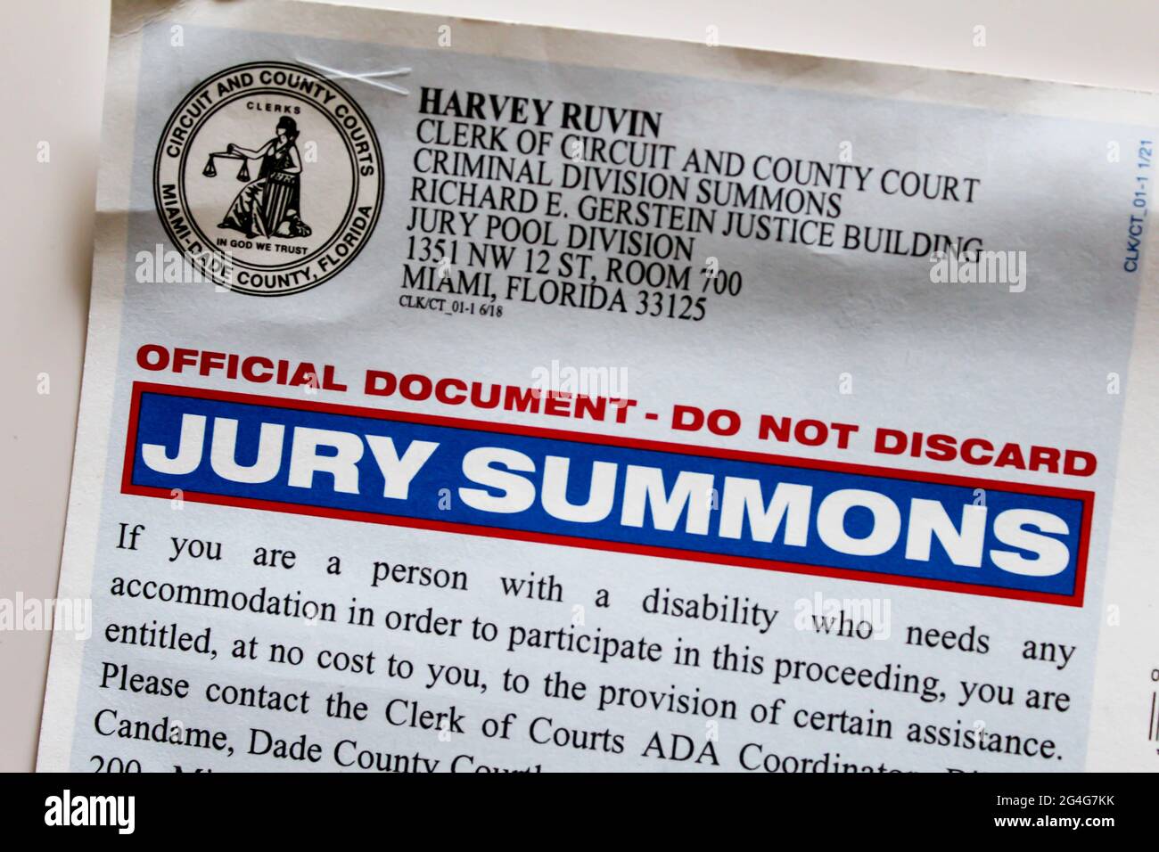 MIAMI-DADE COUNTY CLERK OF THE COURTS jury duty summons, Harvey Ruvin courtroom Stock Photo
