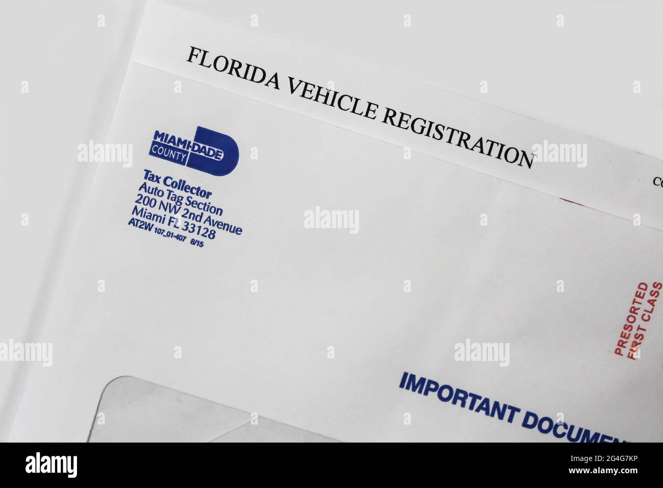 DMV Florida registration tag renewal service notice letter for Miami Dade County Tag agency. Florida Vehicle Registration Stock Photo