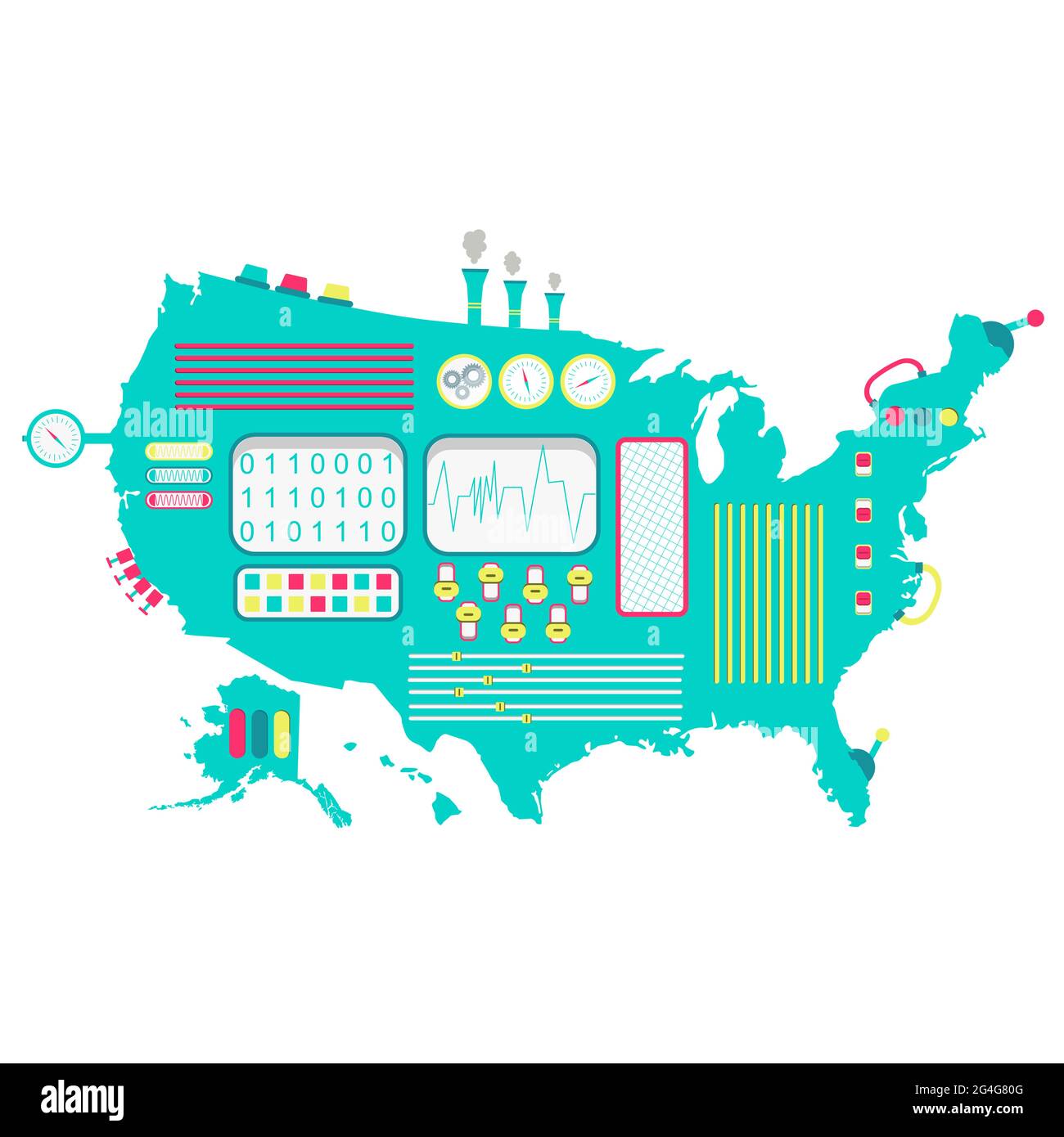 Map of United States like a cute machine with buttons, panels and levers. Isolated. White background. Stock Vector