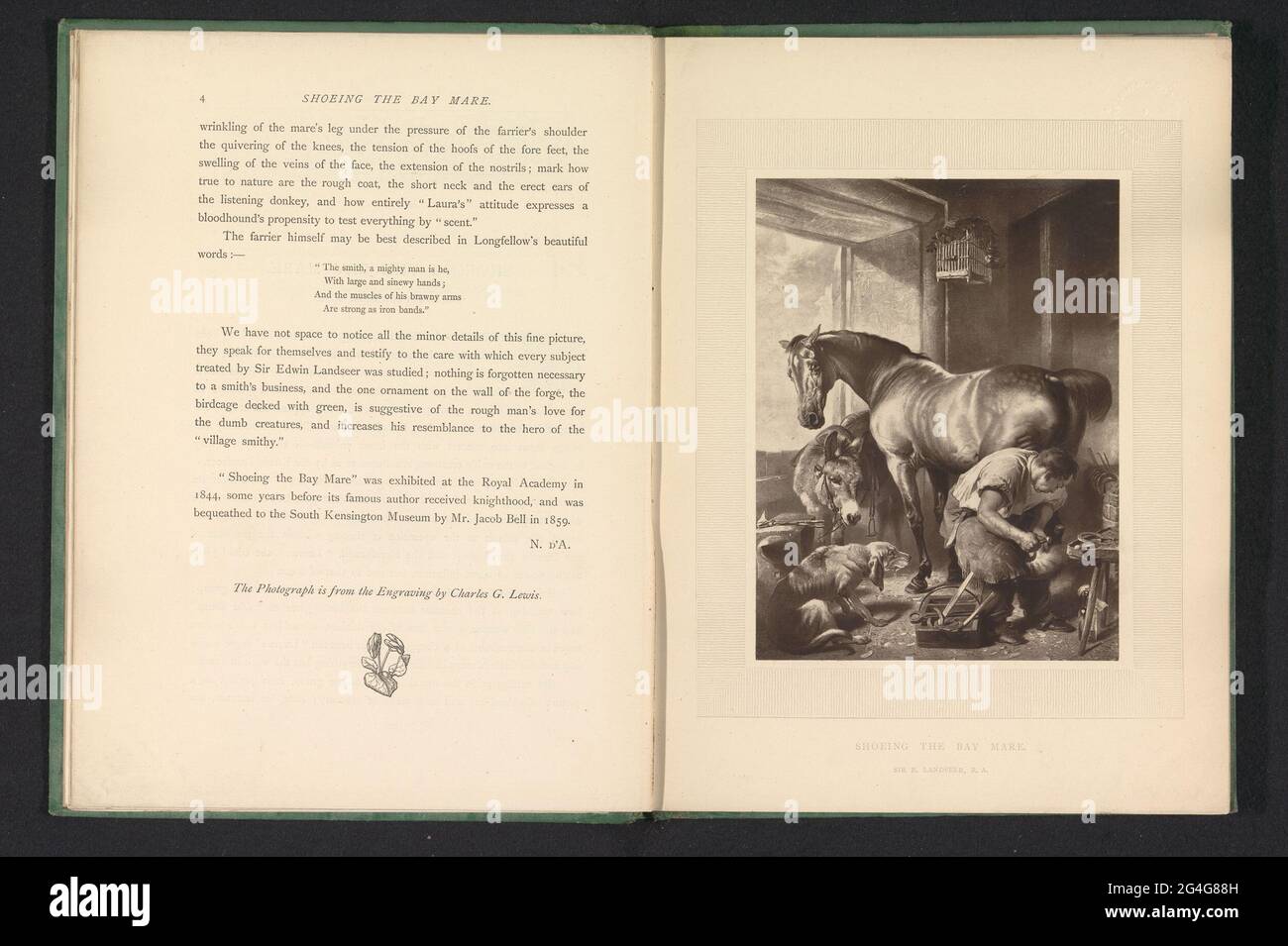 Photo production of a print to a painting of a farrier that applies a horseshoe with a horse in a stable by Edwin Henry Landseer; Shoing the Bay Mare. . Stock Photo