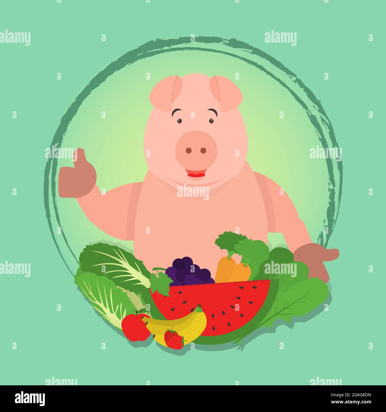 Happy pig presenting vegetables and fruits. Invitation to veganism and vegetarianism. Stock Vector