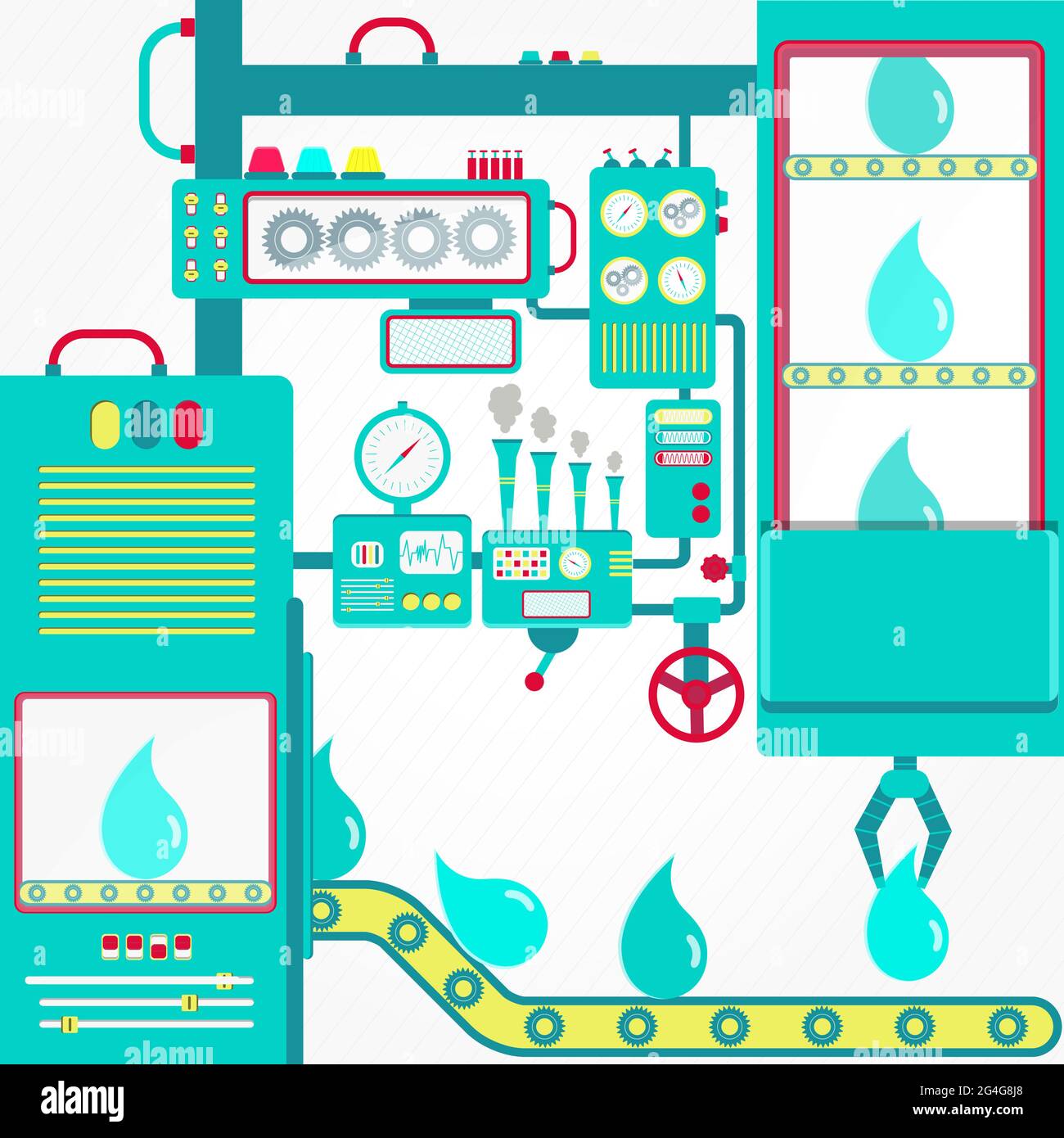 Water industry with machinery and gripper water drop. Stock Vector