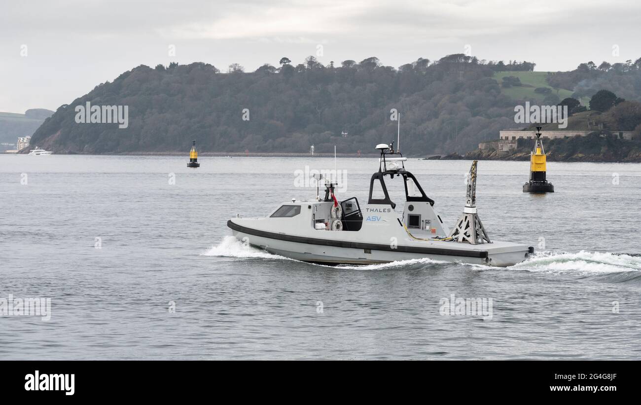Thales AVS Halcyon Unmanned Surface Vehicle U.S.V. Thales AVS Halcyon Unmanned Surface Vehicle USV Military Mine Countermeasures Trials Plymouth Sound Stock Photo