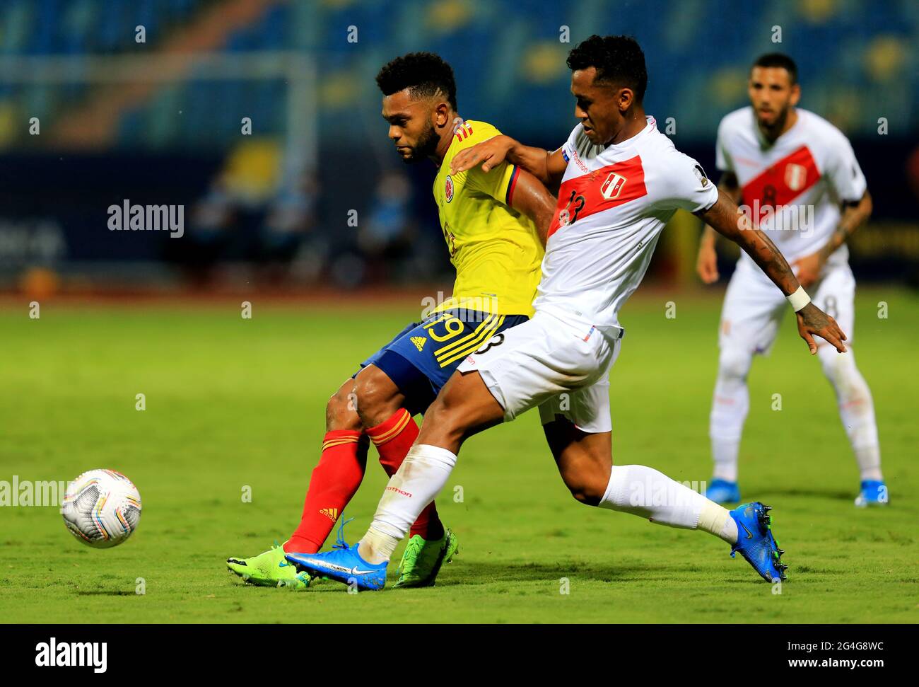 GOIANIA, BRAZIL - JUNE 20: Miguel Borja of Colombia competes for the ball with Renato Tapia of Peru ,during the match between Colombia and Peru as part of Conmebol Copa America Brazil 2021 at Estadio Olimpico on June 20, 2021 in Goiania, Brazil. (MB Media) Stock Photo