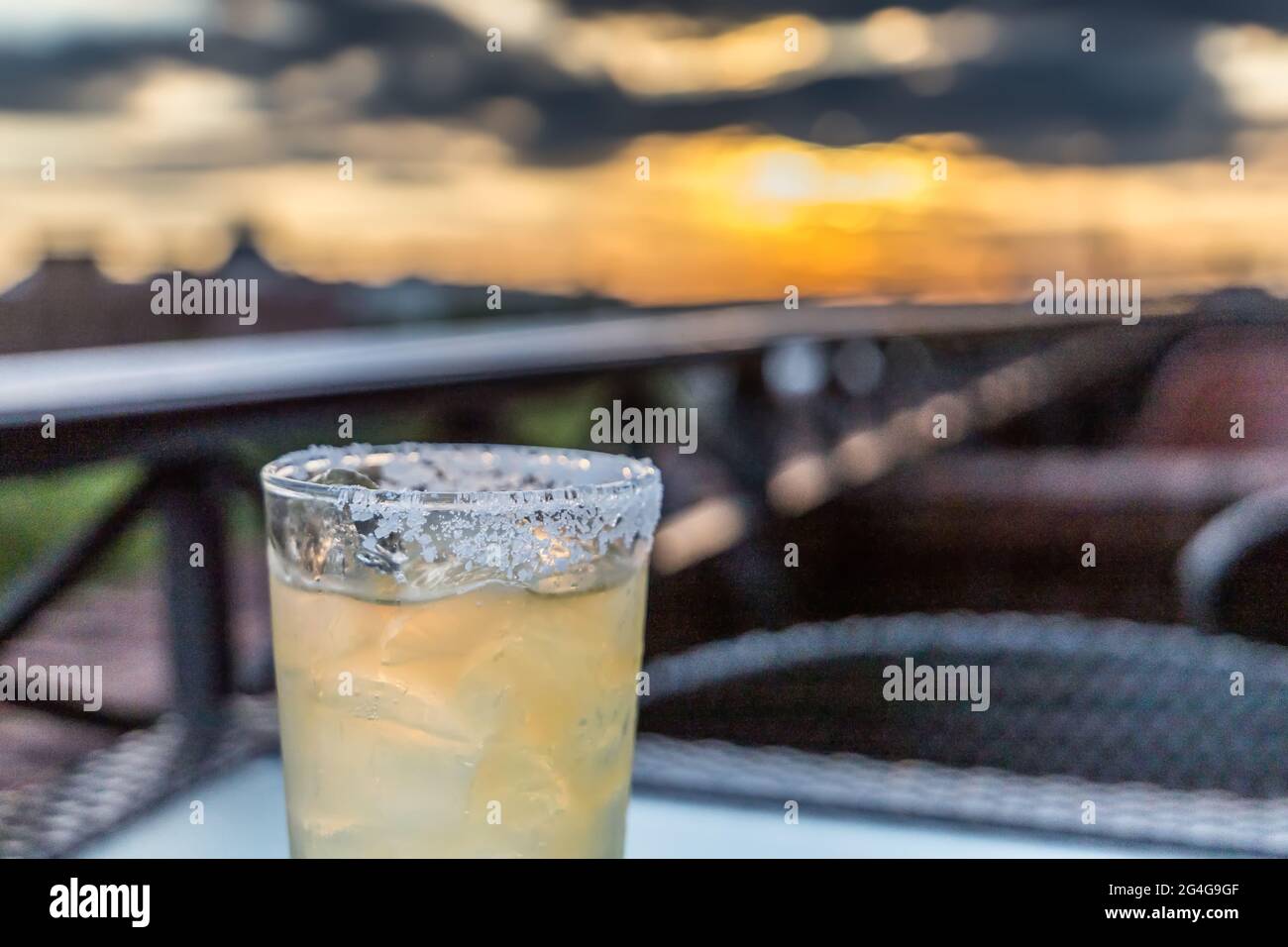 A classic margarita at a rooftop bar in Savannah, at sunset