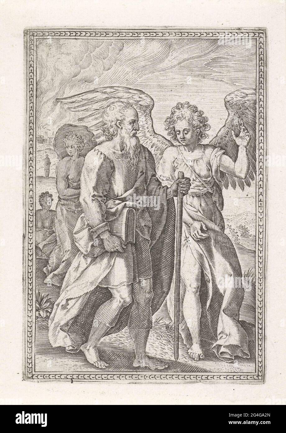 . Lot, accompanied by an angel, leaves the burning sodom. There are two ...