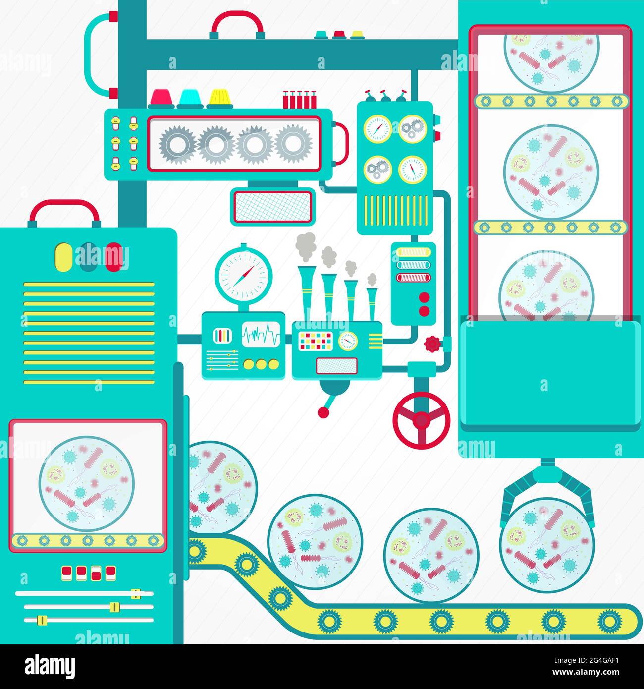 Industrial microbiology with machinery and gripper holding bacterial