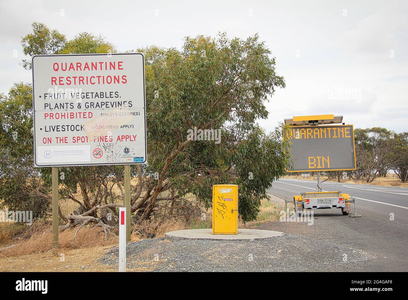 Australian PIRSA interstate biosecurity quarantine bin in Dukes Highway. Taken in Wolseley, South Australia on Dec 6, 2014. Stock Photo