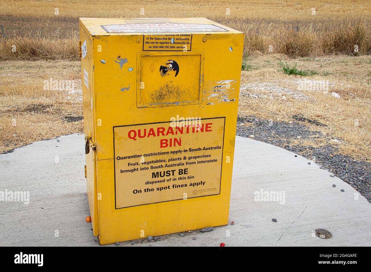 Australian PIRSA interstate biosecurity quarantine bin in Dukes Highway. Taken in Wolseley SA, Australia on Dec 6, 2014. Stock Photo